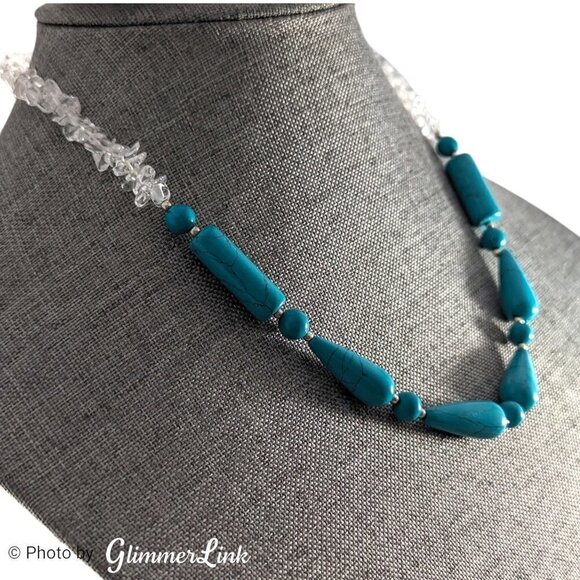 Two Tone Faux Turquoise Beads & Clear Quartz Chips Silver Tone Necklace - Picture 2 of 8